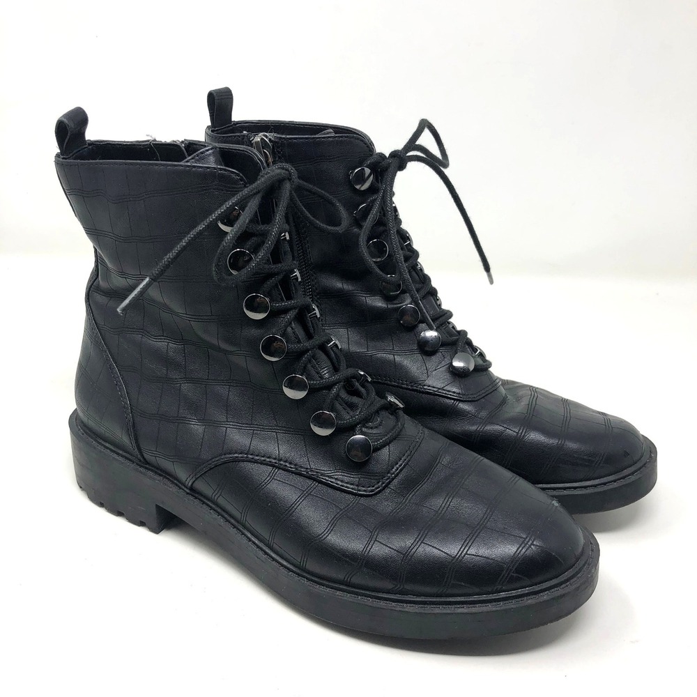 Linea Paolo Combat Boots Women 8.5M Black Croc Embossed Leather Lace Up Side Zip